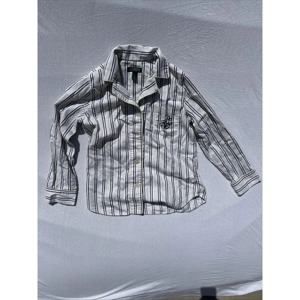 Ralph Lauren Green Label Cotton Blue Ivory Stripe Collar Flannel Pajama Shirt M